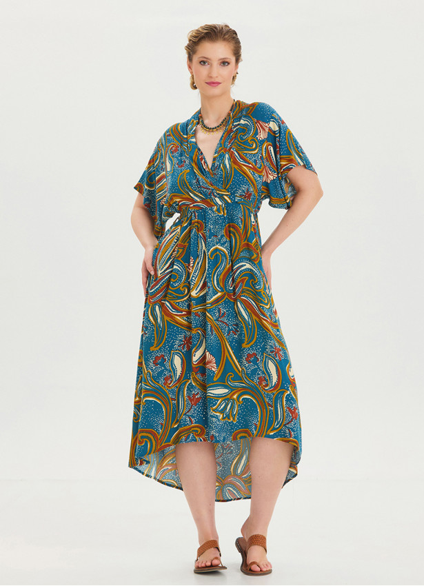 V Neck Gathered Detailed Petrol Floral Dress 4534